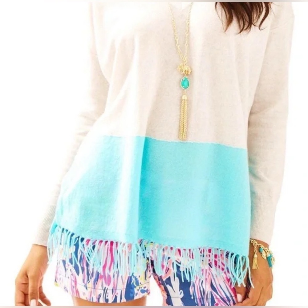 Lilly Pulitzer Alessandra Cashmere Fringe Tunic Colorblock Teal Sweater XXS/XS